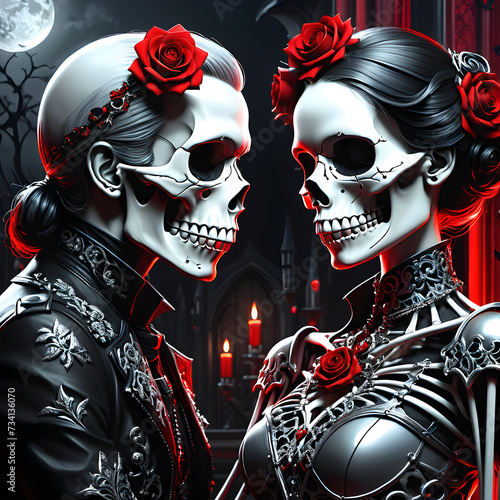 Couples in love often celebrate their adoration in various unique ways. Some might gravitate towards embracing an unconventional, gothic style, incorporating symbols such as skulls and skeletons into  photo