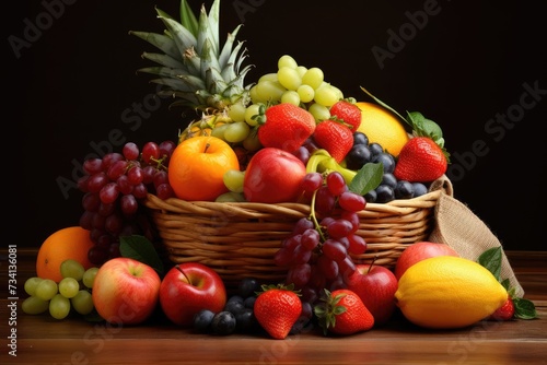 Fresh and healthy fruits in straw baskets  Fresh healthy fruits on the straw basket on a Dark background  Ai generated