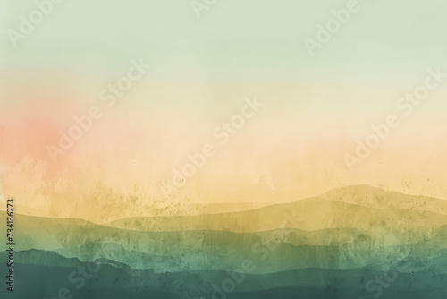 A dreamy landscape with layered hills, depicted in a watercolor gradient from green to peach.