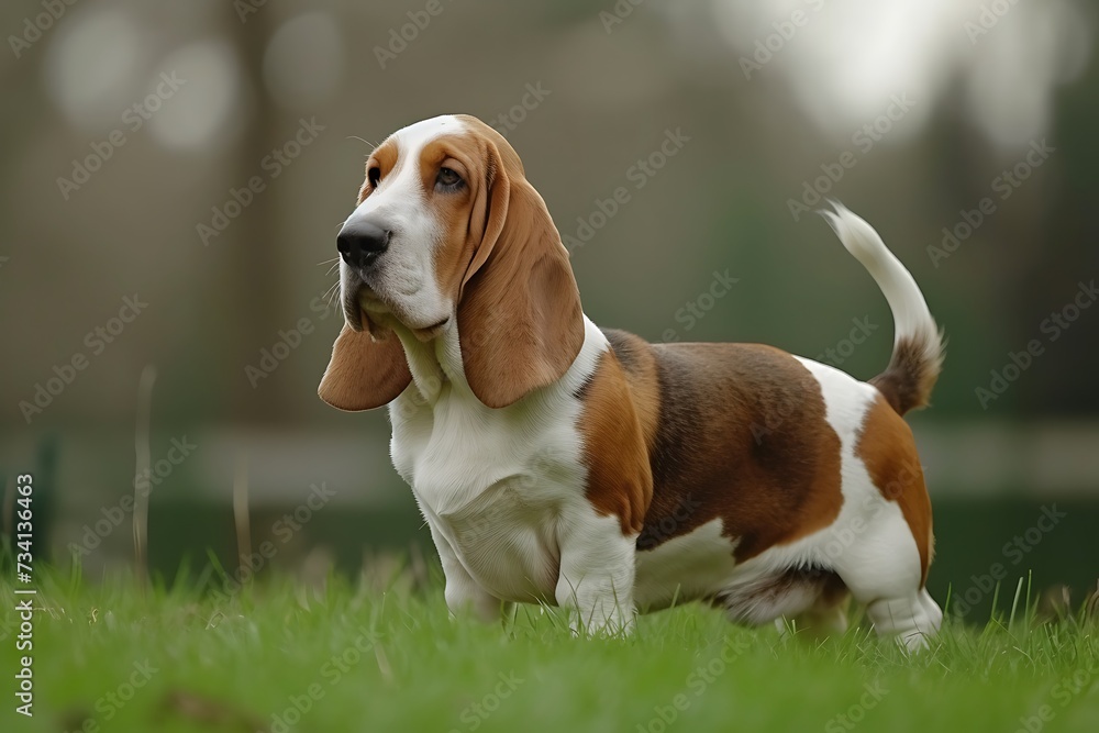 A Basset Hound dog standing in grass