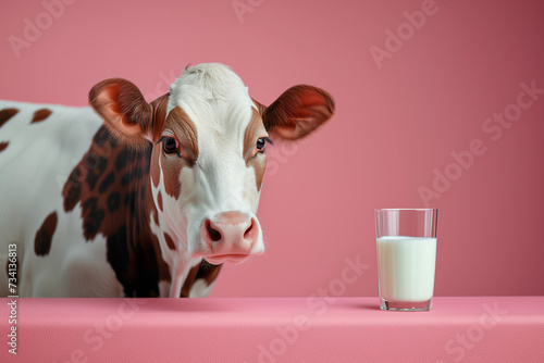 Close up of a lovely cow standing beside a pink table with glass of fresh milk. Minimal creative composition of farm animals.