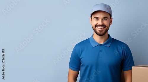 Professional smiling cheerful fun delivery guy employee man wear blue cap t-shirt uniform workwear work as dealer courier hold cardboard box isolated on plain light beige background. Service concept photo