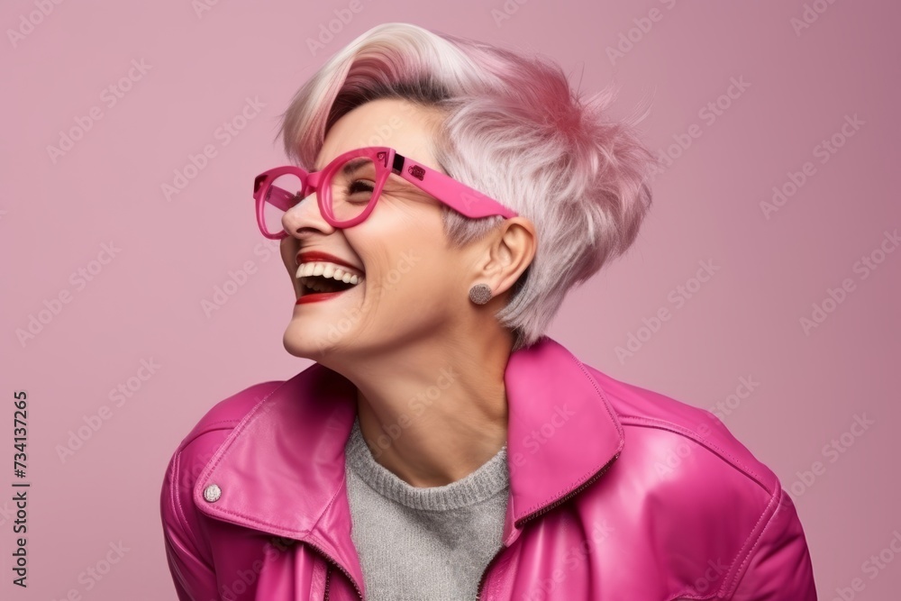Portrait of a beautiful woman in pink leather jacket and pink sunglasses Portrait of a beautiful woman in pink leather jacket and pink sunglasses
