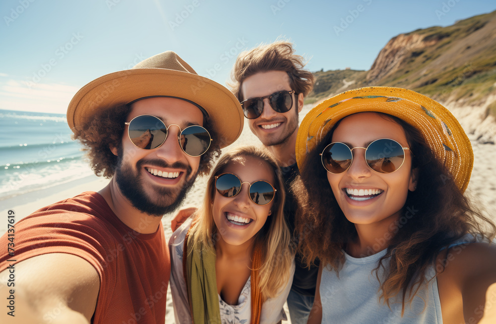 four young people having fun on the beach taking a picture of themselves