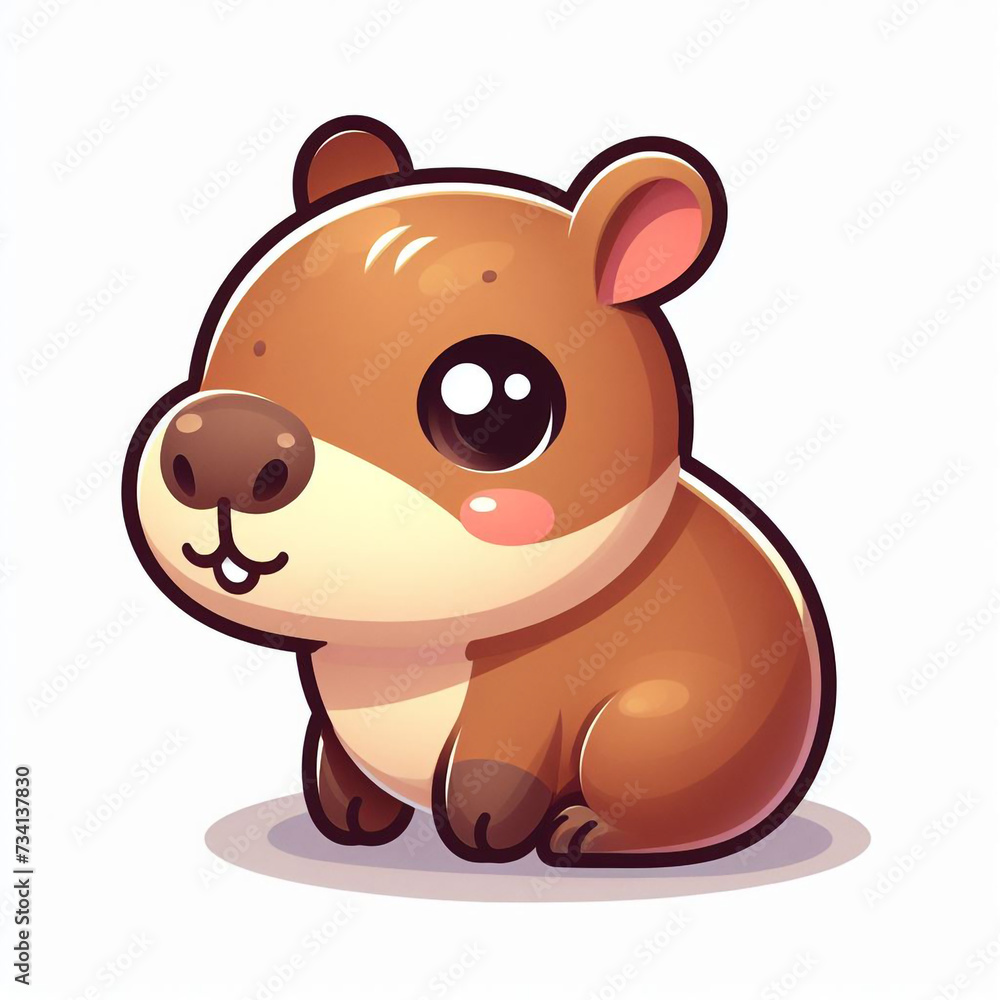 Naklejka premium Aww, behold the adorable little brown creature with those captivating big eyes! It's a cute baby Capybara, a lovely little animal in a 3D rendering cartoon character style.