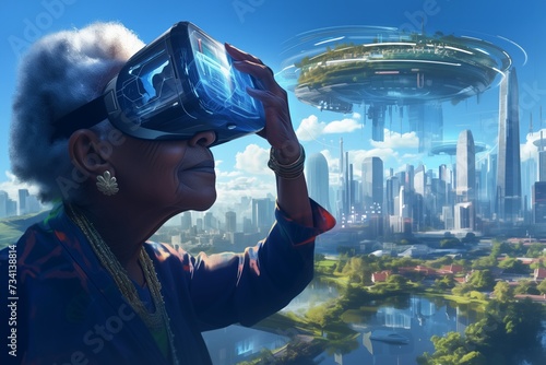 Elderly Black Woman Wearing Virtual Reality Headset in Front of Futuristic City