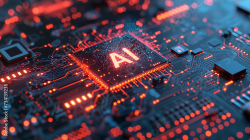 AI concept , Close-up microscopic of computer chip circuit resembling a futuristic city
