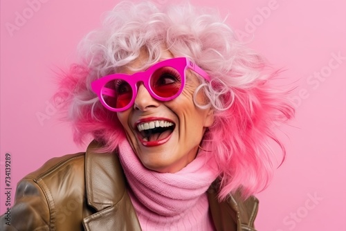 Fashionable woman with pink hair and sunglasses on a pink background