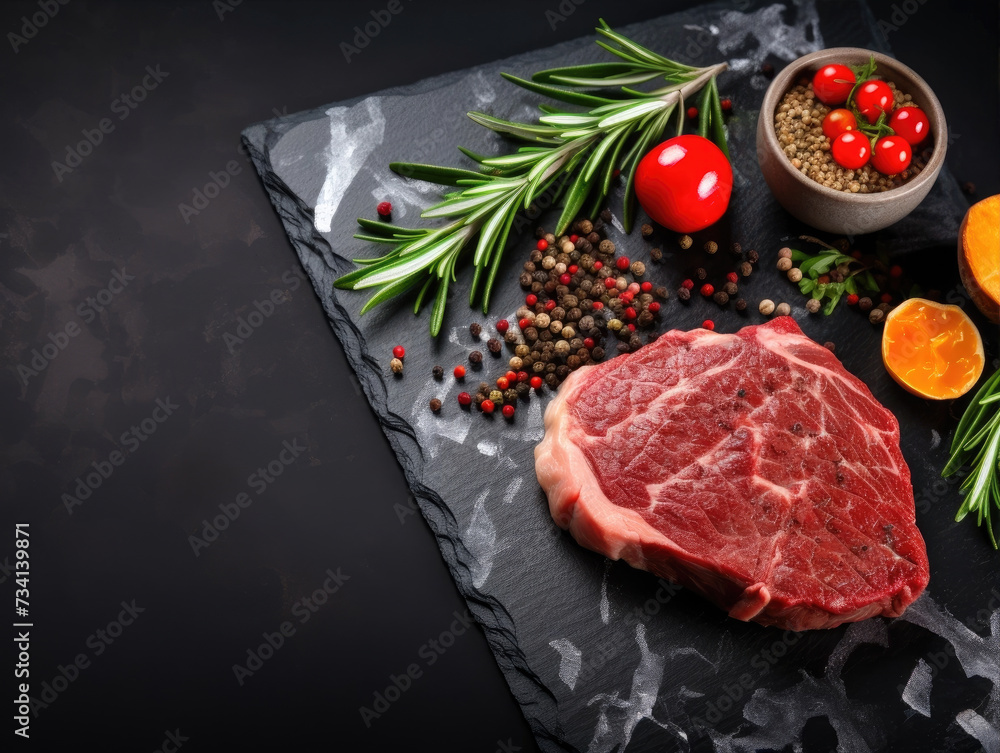 Raw beef steak on dark black board background, above top view, text copy space, uncooked raw beef steak,rosemary spices, cooking ingredients.