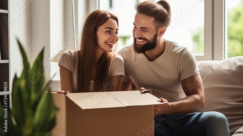 Smiling young couple opening a carton box and looking inside, relocation and unpacking concept