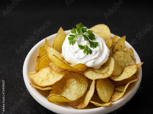 Potato chips with sour cream and parsley on a black background