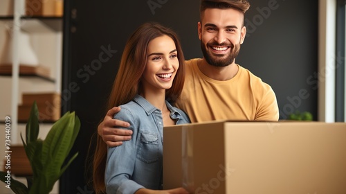 Smiling young couple opening a carton box and looking inside, relocation and unpacking concept photo