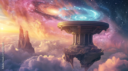 A 3D Podium Suspended Above a Floating Island in the Sky, Surrounded by Swirling Galaxies and Ethereal Clouds.