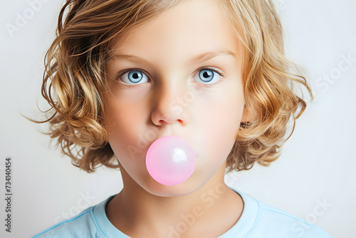 Close up portrait of little boy chewing pink bubble gum
