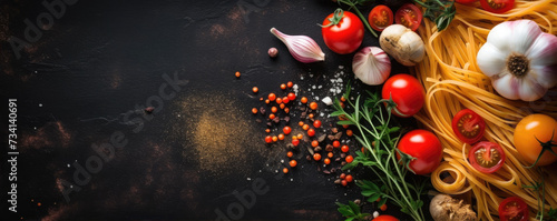 Italian food background on black stone board. Pasta, fresh tomatoes, basil, garlic, spices. Top view with copy space