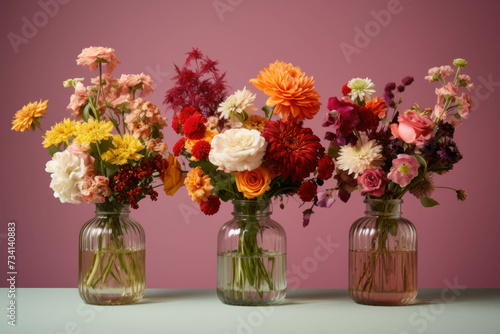Three glass jars filled with water and flowers on a pink background.