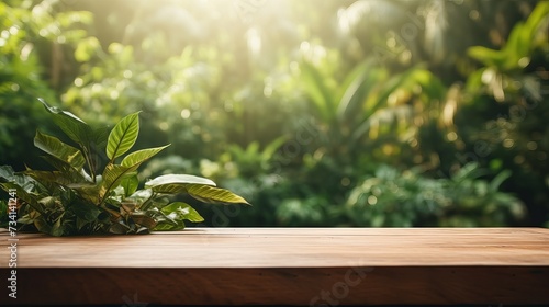 Table top wood counter floor podium in nature outdoors tropical forest garden blurred green jungle plant background.natural product present placement pedestal stand display,spring or summer concept photo