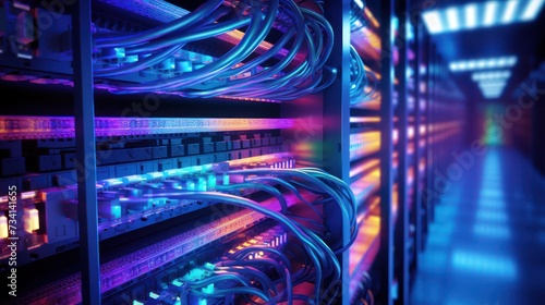 A data center depicted in 3D rendering with network switch and Ethernet cables.