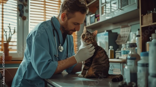 a vet examines an attentive cat in a clinic