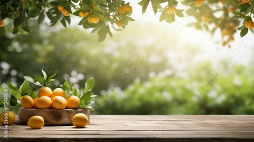 Tree Table wood Podium in farm display for food, perfume, and other products on nature background, Table in farm with orange tree and grass, Sunlight at morning © Elchin Abilov