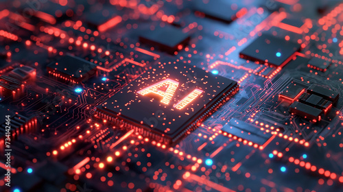 AI concept , Close-up microscopic of computer chip circuit resembling a futuristic city © elbanco