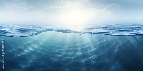 Blue sea water surface with sunbeams, 3d render illustration