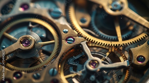 Detailed mechanical gears inside a Swiss watch are shown in a close-up view.