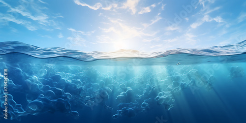 Blue sea water surface with sunbeams, 3d render illustration