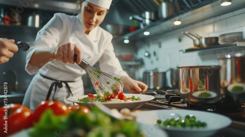 In the image, a young female chef is seen whisking ingredients next to the head cook. photo