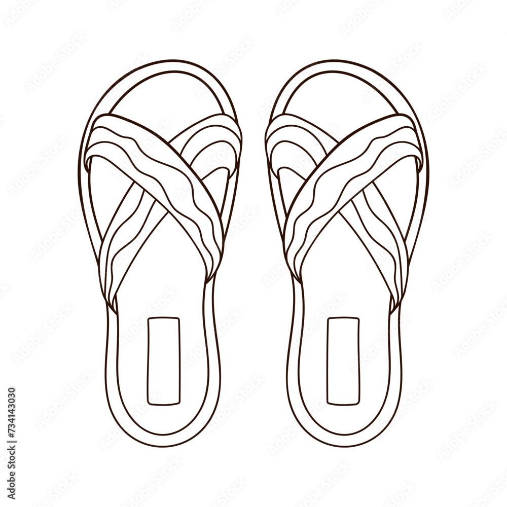Slipper with wave stripes icon in line art style. Flip flops woman, female shoes for beach outline symbol. Vector illustration isolated on a white background.