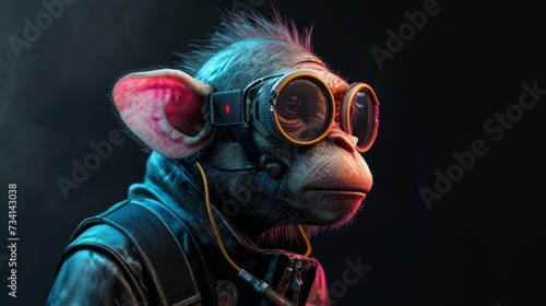 Portrait of a monkey wearing aviator goggles on a black background