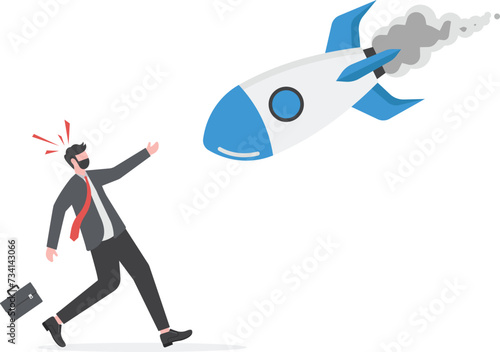 Businessman runs away under broken rocket. Fail startup concept. new business risk or unexpected entrepreneur bankruptcy

