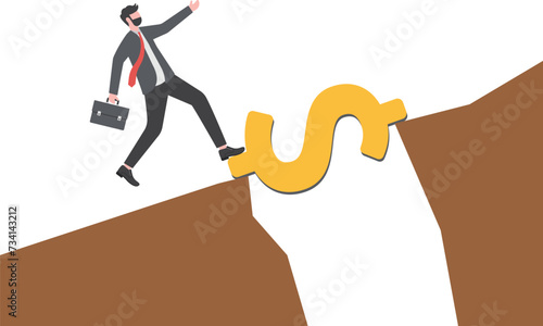 a businessman walks up the stairs made of dollar sign. Business currency concept.

