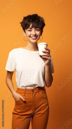 On an orange backdrop, a contented young woman with short hair enjoys her coffee from a paper cup.