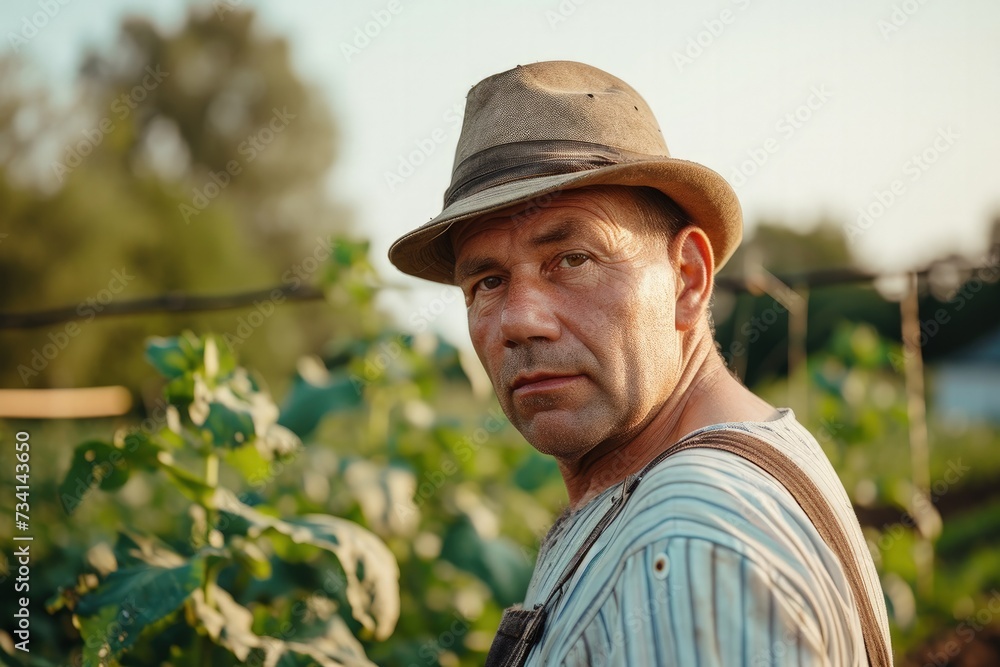 Portrait of a mature farmer standing in his vegetable garden, looking at camera.