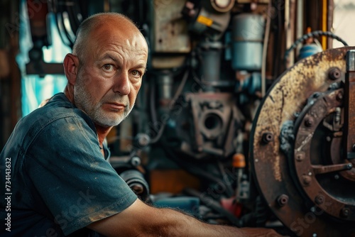 Portrait of a senior car mechanic in his workshop. Selective focus.