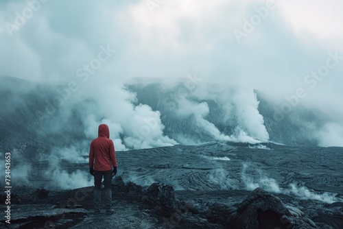 Man in red jacket standing on the edge of the crater of volcano.