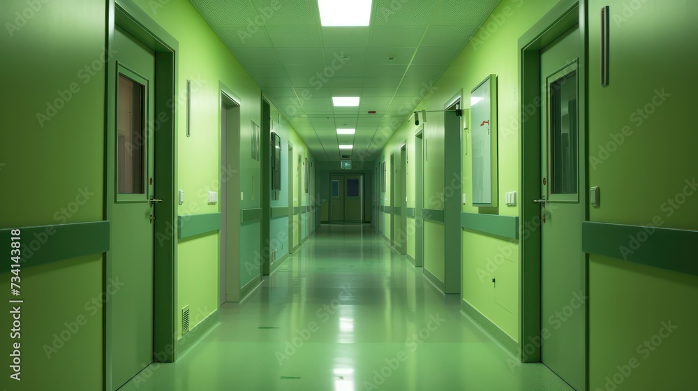 A well-lit hallway featuring green-colored walls and doors, creating a distinct ambiance within the hospital.