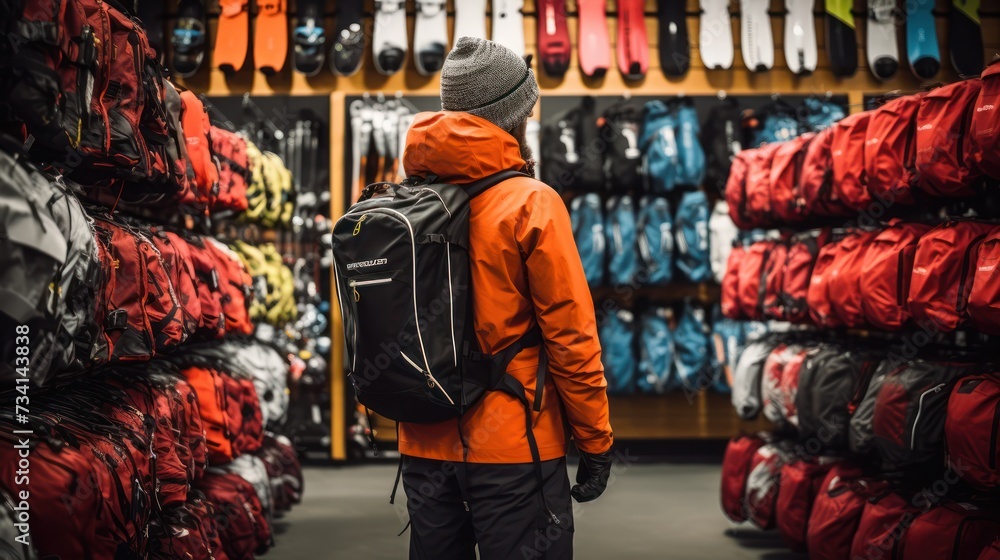 A man selects ski equipment for his mountain adventure while shopping at the store.