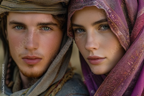 Portrait of a beautiful young couple in traditional clothes, hippie style