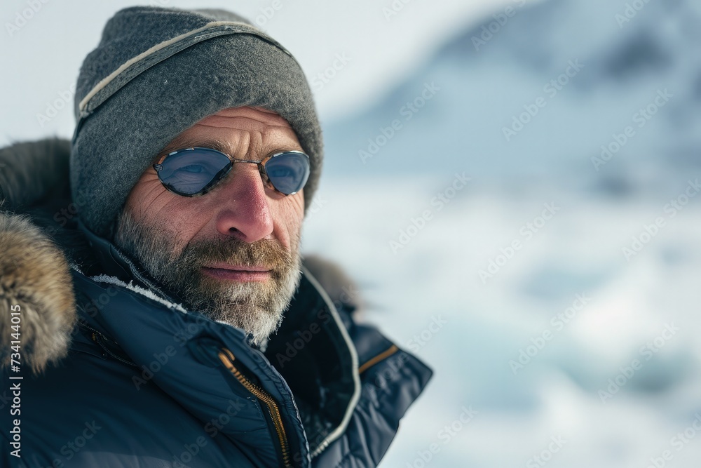 Portrait of a bearded man in sunglasses on the background of an ice floe Portrait of a bearded man in sunglasses on the background of an ice floe