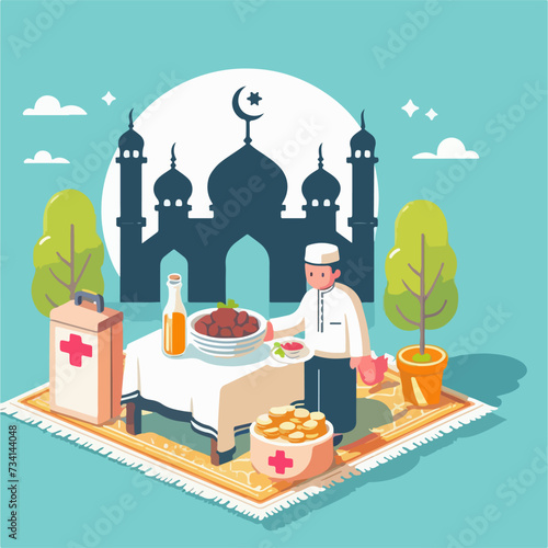 preparing suhoor night at ramadan holy month flat vector