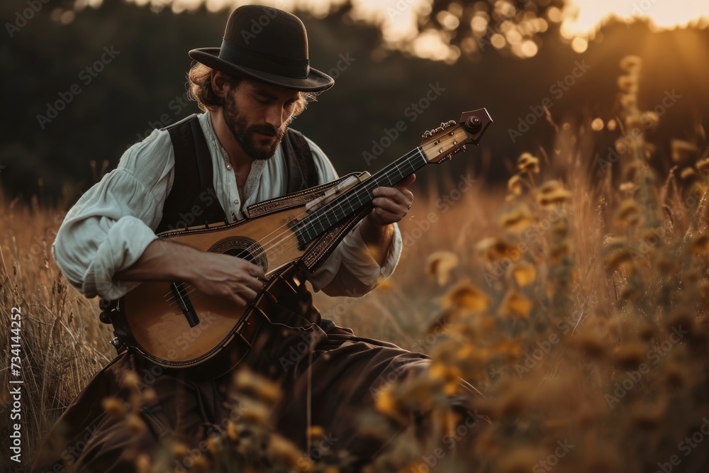 Fototapeta premium Portrait of a man playing the guitar in the field at sunset.