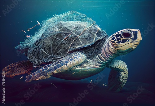 Generative AI illustration of sea turtle caught with fishing net abandoned in the sea as garbage © Aiden
