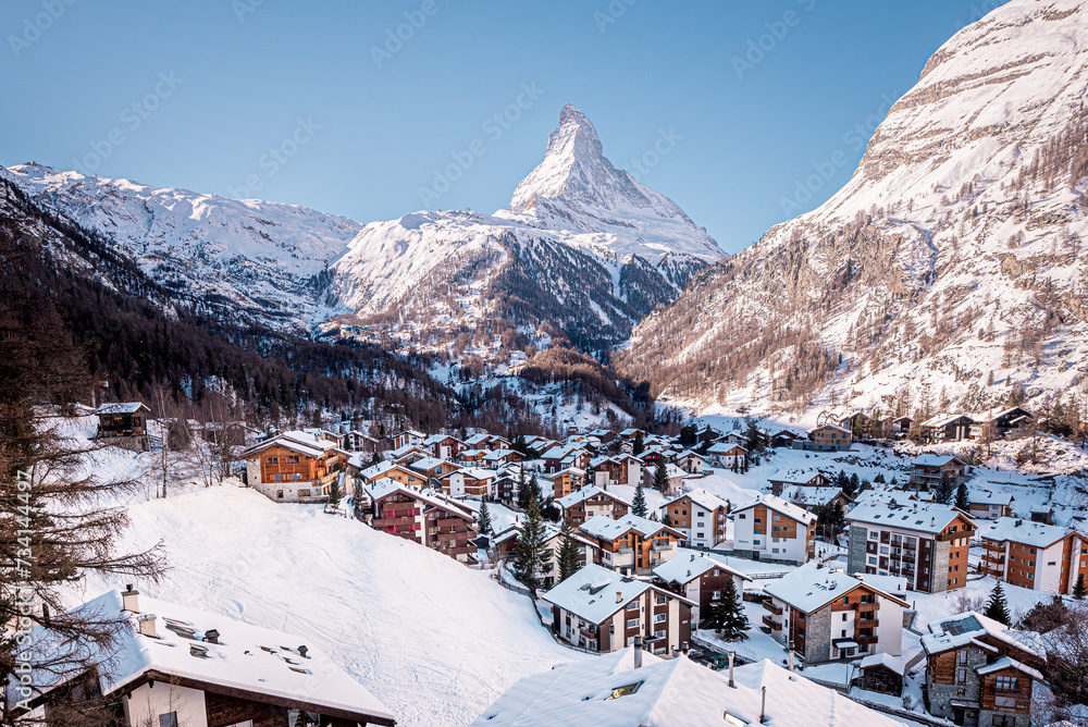 matterhorn landscape with snow covered mountains in switzerland with zermatt ski resort in foreground