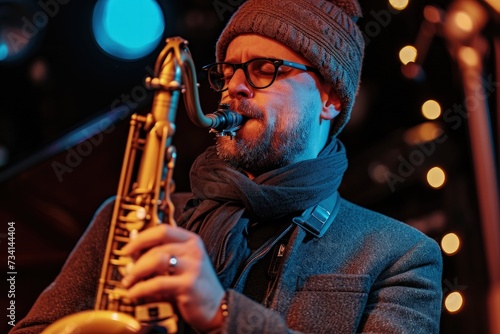musician playing the saxophone on stage with lights on the background