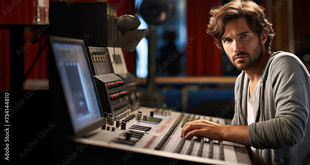 Young man working on mixing console in a recording studio. Selective focus. Young man working on mixing console in a recording studio. Selective focus.