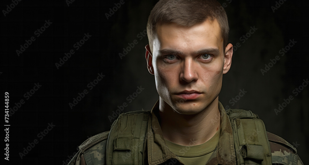 Portrait of a young soldier on a dark background. The soldier looks at the camera.