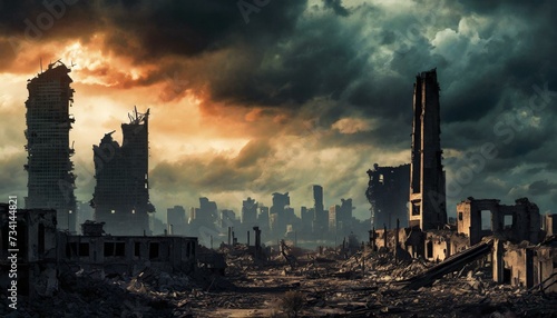 post-apocalyptic city in ruins  photo