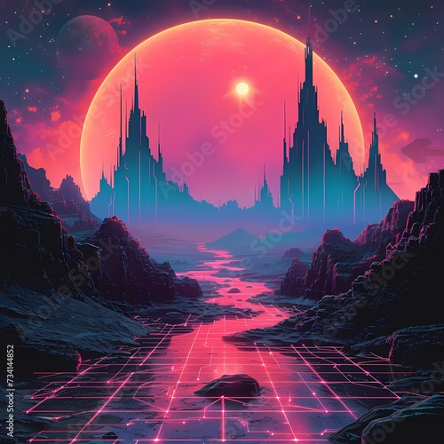 Futuristic Neon Sci-Fi Landscape with Crimson Moon